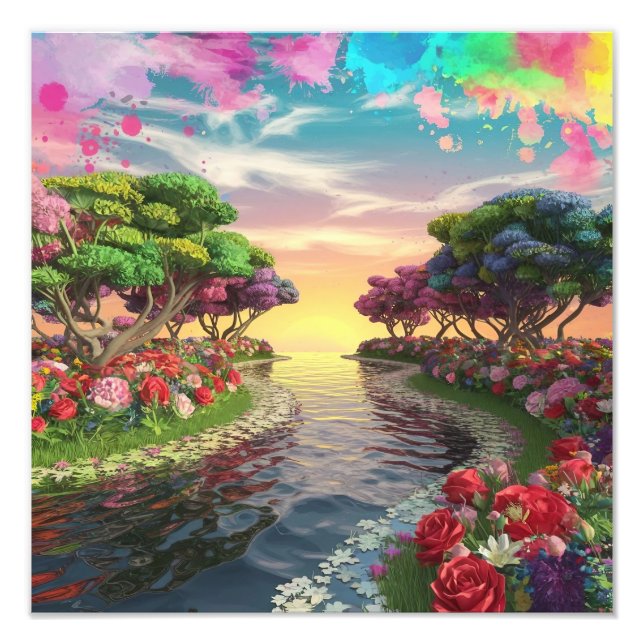 3D Fantasy Sunset Over Serene Lake mit Lebhaftem Fotodruck (Vorne)
