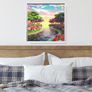 3D Fantasy Sunset Over Serene Lake mit Lebhaftem Leinwanddruck
