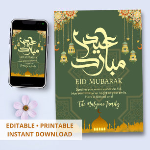 3D Festliche grüne und goldene Moschee Eid Mubarak Feiertagskarte