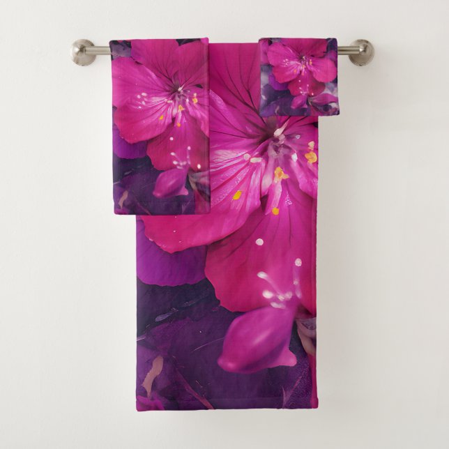 3d Floral Fuchsia & Purple Marble Art Cover Badhandtuch Set (Insitu)