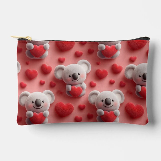 3D Fluffy Koala and Heart Seamless Pattern Zubehörtasche (Vorderseite)