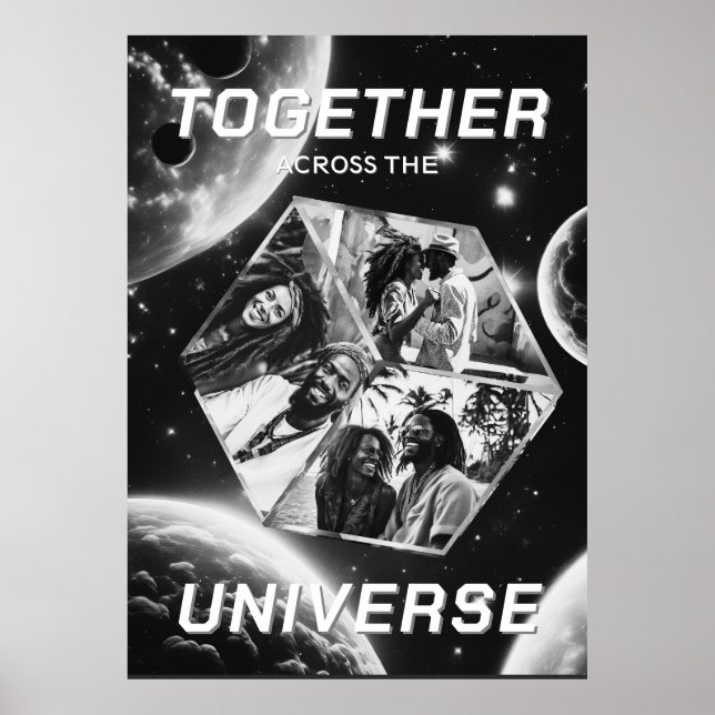 3D Fotowürfel im Weltraum mit Planeten Poster (Vorne)