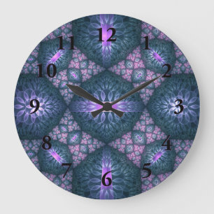 3D Fractal Art Pattern Turquoise Purple Pink Große Wanduhr