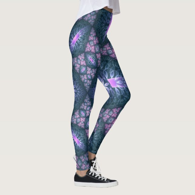 3D Fraktal Art Abstraktes Muster Blau Lila Pink Leggings (Rechts)