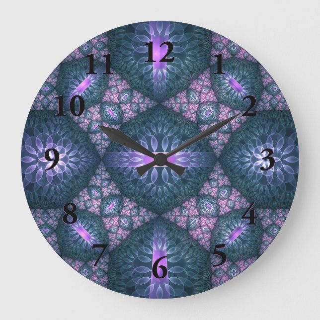 3D Fraktal Art Muster Türkisch Lila rosa Große Wanduhr (Vorderseite)