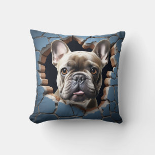 3D French Bulldog Cracking Hole Blue Wall Kissen