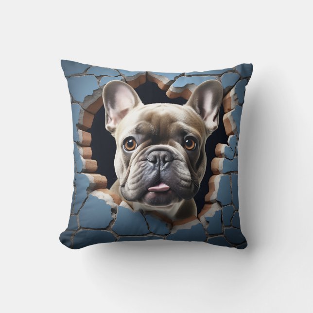 3D French Bulldog Cracking Hole Blue Wall Kissen (Vorderseite)