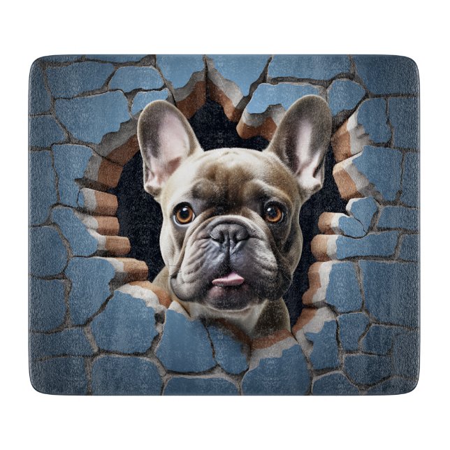 3D French Bulldog Cracking Hole Blue Wall Schneidebrett (Vorderseite)