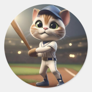 3D Funny Baseball Cat, Runder Aufkleber