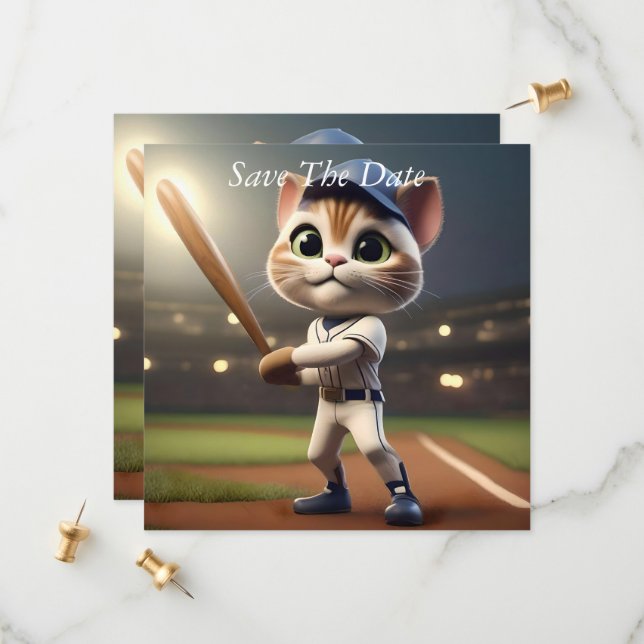 3D Funny Baseball Cat, Save The Date (Vorderseite/Rückseite Beispiel)
