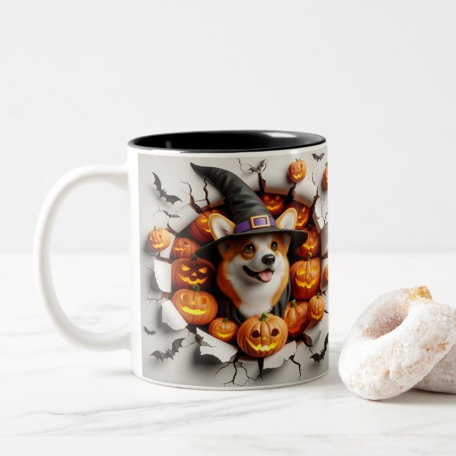 3D Halloween Dog Breeds Halloween Mugs, Tea/Coffee Zweifarbige Tasse (Mit Donut)