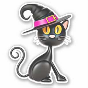 3D-Illusion schwarze Katze mit violetter Hexenhut- Aufkleber