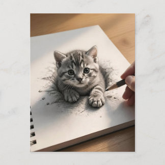 3D-Illusions-Tabby-Kätzchen-Bleistiftzeichnung Postkarte