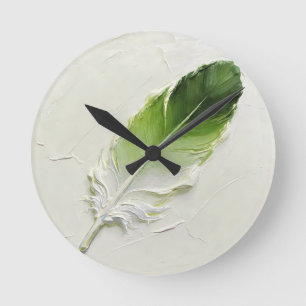 3D-Impasto-Textur Grüne Feder Elegant Modern Runde Wanduhr
