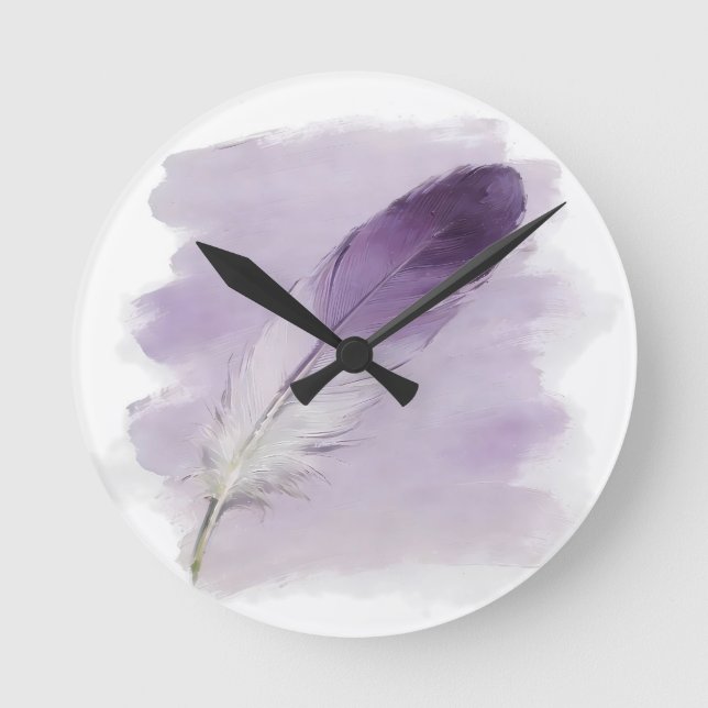 ⁠3D Impasto Wasserfarbe Lila Feder Boho Modern⁠ Runde Wanduhr (Vorderseite)