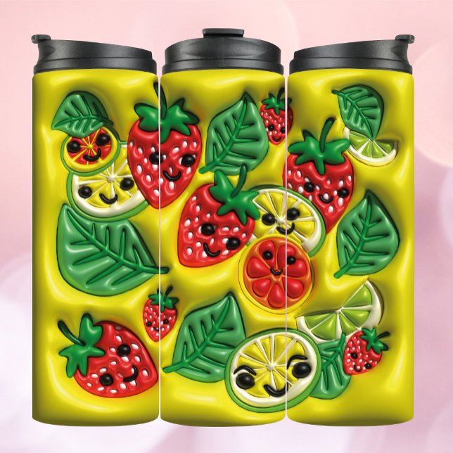 3D Inflated Tumbler - Happy Fruits on Yellow Thermosbecher (Von Creator hochgeladen)