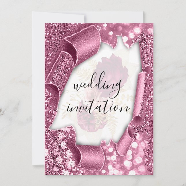 3D-Karteneffekt Hochzeiten Silber-Rose-Glitzer Einladung (Vorderseite)
