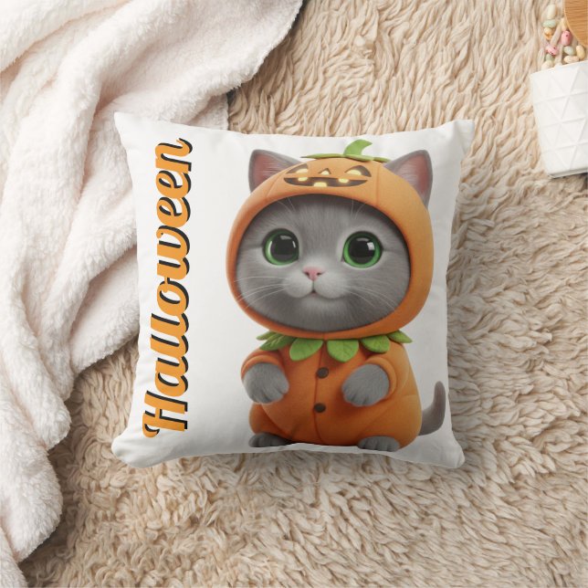 3D Kawaii Pumpkin Cat Halloween Throw Pillow Kissen (Decke)