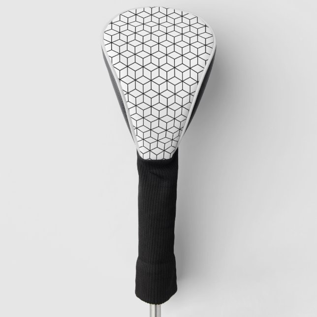 3D-Kuben Geometrische schwarze Linie auf weißem Mu Golf Headcover (Vorderseite)