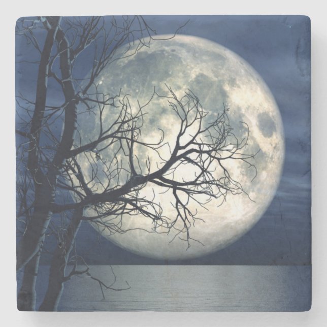 3D Landschaft Hintergrund mit Mond über dem Meer Steinuntersetzer (Vorderseite)