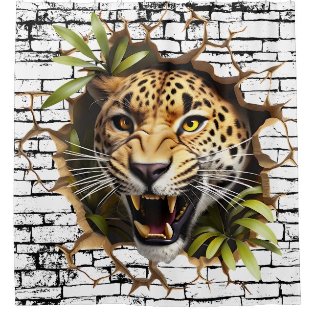 3D-Leoparden-Wandbruch-Kunst – Realistischer Safar Duschvorhang (Vorderseite)