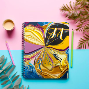 3D Lila Gold Blumen Monogramm Verflüssigter Abstra Notizblock