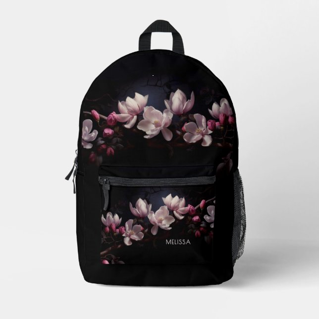 3D Magnolia Black Background Bedruckter Rucksack (Vorderseite)