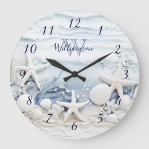 3D Meeressterne und Muscheln Küstenmonogramm Große Wanduhr