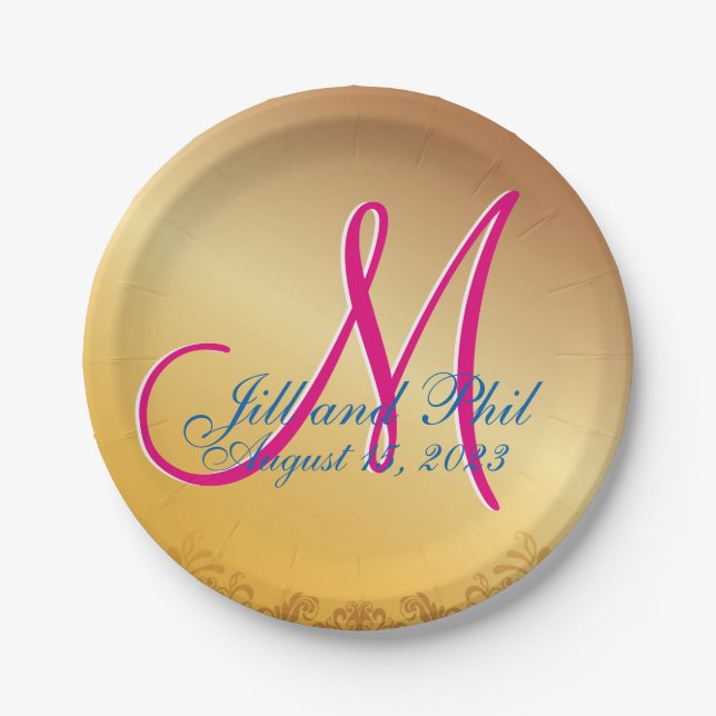 3d Monogram Gold Damask Pappteller (Vorderseite)
