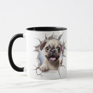 3D-Mops, der eine Ziegelwand durchbricht  Tasse