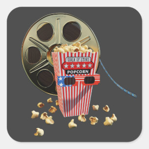 3d Movie Reel and Buttered Popcorn Quadratischer Aufkleber