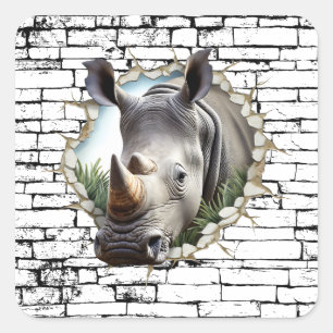 3D-Nashorn-Wandbruch-Kunst – Realistischer Safari Quadratischer Aufkleber