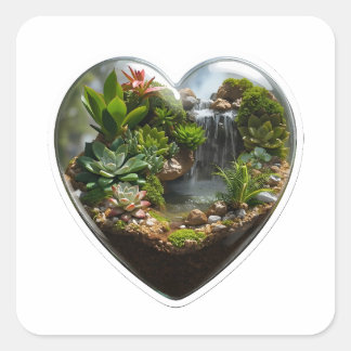3D-Natur-Terrarium-Herz-Wasserfall-Aufkleber Quadratischer Aufkleber