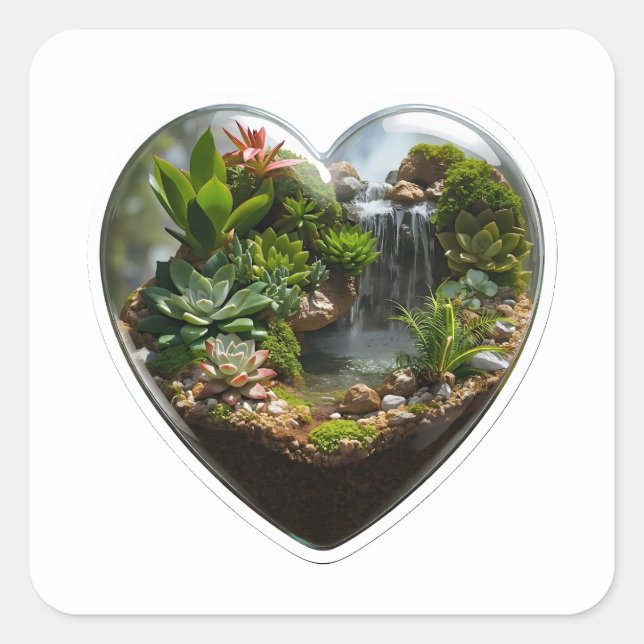 3D-Natur-Terrarium-Herz-Wasserfall-Aufkleber Quadratischer Aufkleber (Vorderseite)