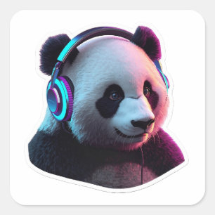 3D-Neon-Panda mit Kopfhörern Gaming-Aufkleber-Kuns Quadratischer Aufkleber