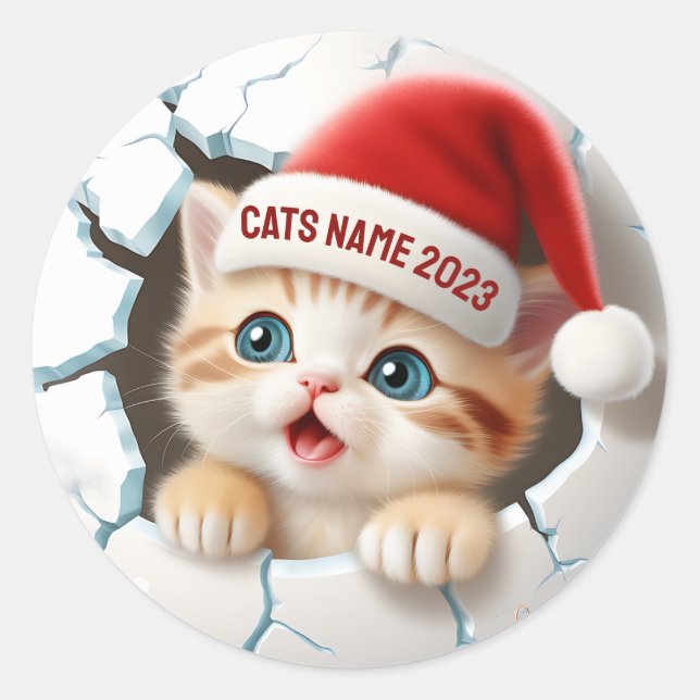 3D Niedlich Kitten in Santa's Hat zu Weihnachten Runder Aufkleber (Vorderseite)