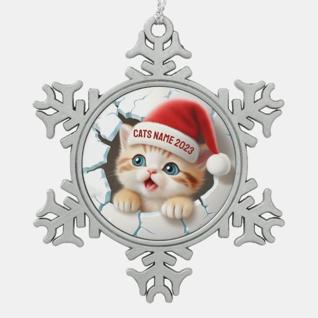 3D Niedlich Kitten in Santa's Hat zu Weihnachten Schneeflocken Zinn-Ornament (Vorderseite)
