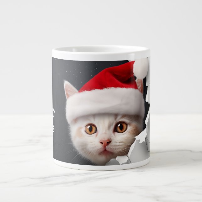3D Niedlich Kitten mit Weihnachtsmannmütze Jumbo-Tasse (Vorderseite)