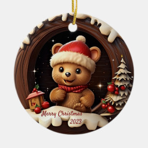 3D Niedlicher Teddybär mit Weihnachtsmannmütze Keramik Ornament