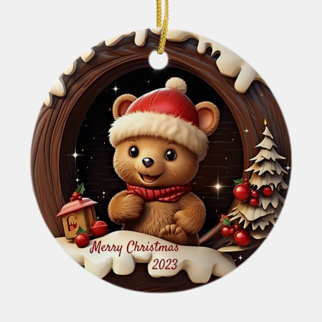 3D Niedlicher Teddybär mit Weihnachtsmannmütze Keramik Ornament (Vorne)