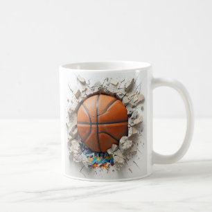 3D Orange Basketball erscheint durch die zerbrechl Kaffeetasse