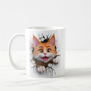 3d Orangefarbene und weiße Tablettenkatze bricht d Kaffeetasse