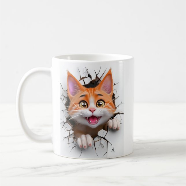 3d Orangefarbene und weiße Tablettenkatze bricht d Kaffeetasse (Links)