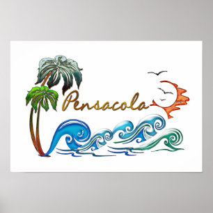 3d Palmen, Waves & Sunset PENSACOLA Poster