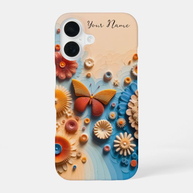 3D Paper Art Butterfly und Blume iPhone 16 Fall Hülle (Rückseite)