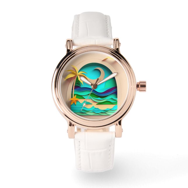3D Papercraft Tropical Beach Armbanduhr (Vorderseite)