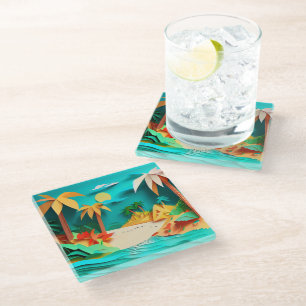 3D Papercraft Tropical Beach Glasuntersetzer