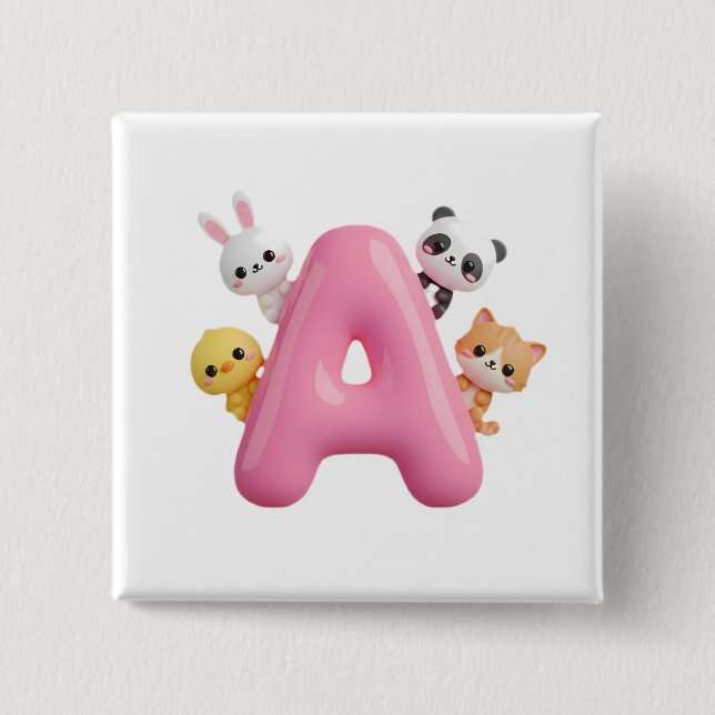 3D Pink Balloon Letter A Forest Animals Square But Button (Vorderseite)