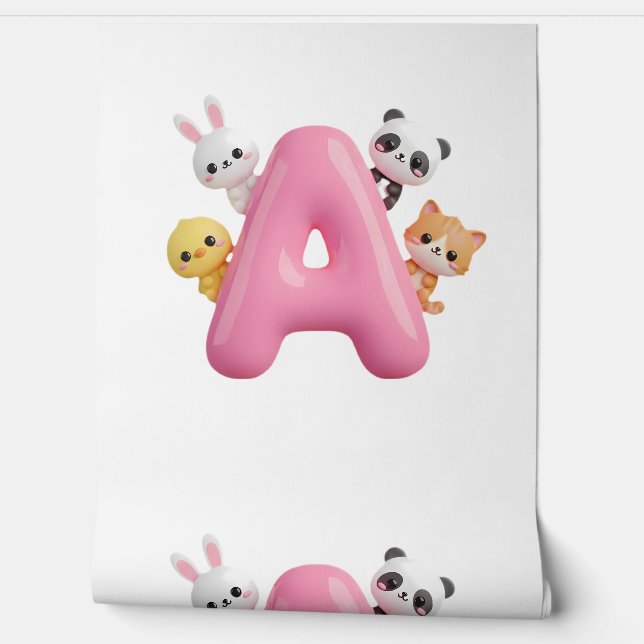 3D Pink Balloon Letter A Forest Animals Wallpaper Tapete (Abrollen)