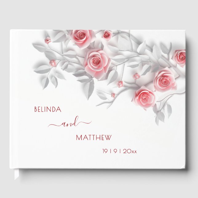 3D Pink Gray Roses | Wedding Gästebuch (Vorderseite)
